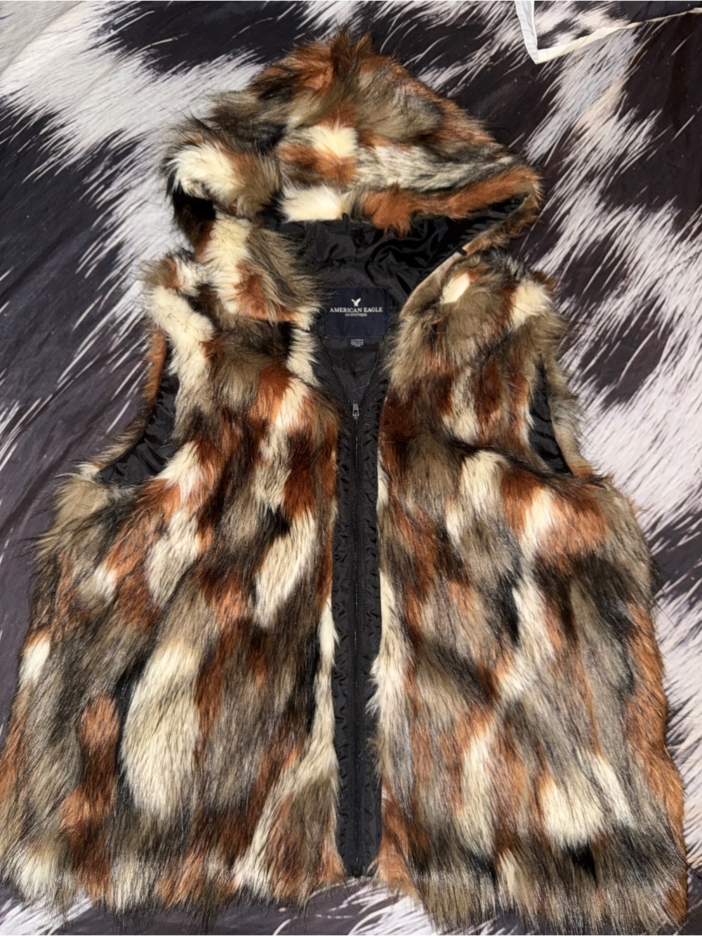 American Eagle Outfitters Multi-Tone Faux Fur Hooded Vest - Brown/Black/White